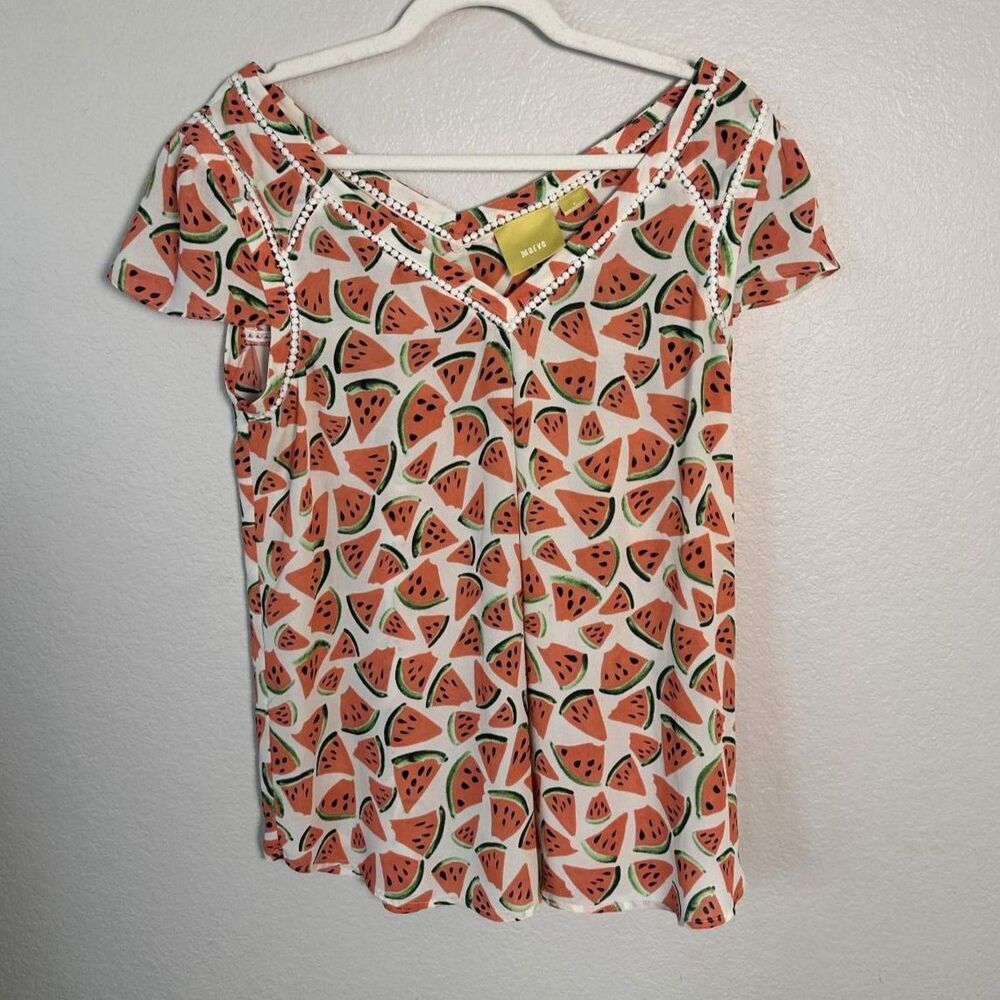 Anthropologie Maeve Watermelon Picnic Days Blouse Top Size 8 Crochet Lace V-Neck